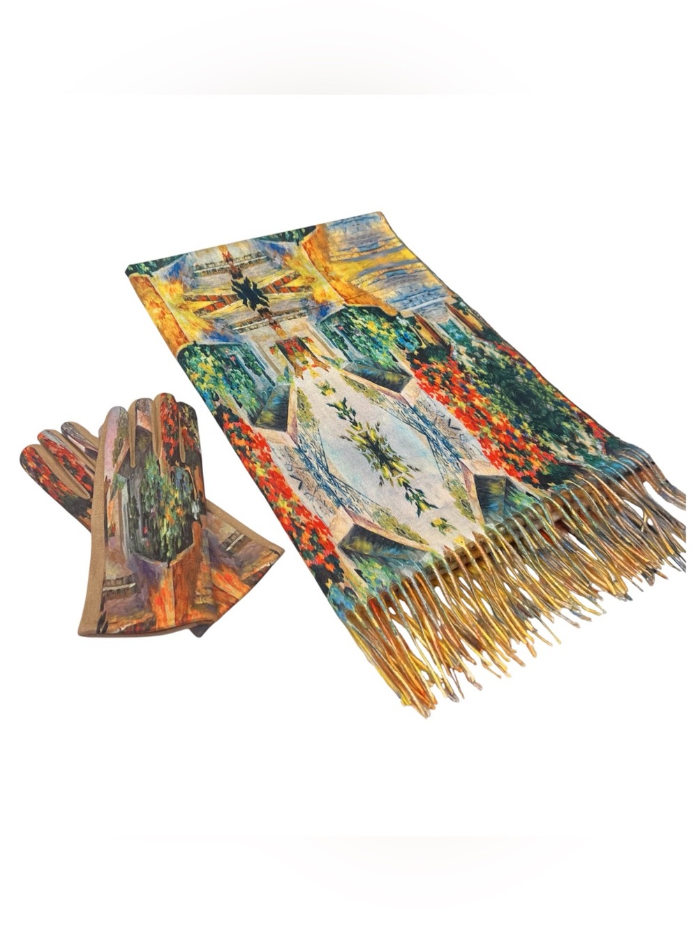 Impressionist Garden Art Print Cashmere Scarf & Matching Gloves Set 72”